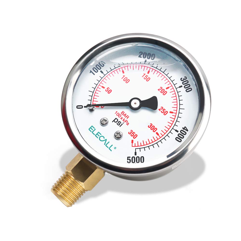 ELECALL 2-1/2" Glycerin Liquid Filled Air Pressure Gauge, 0-5000Psi, 1/4" NPT Lower Mount, Stainless Steel Case, Brass Internals, Water Pressure Gauge