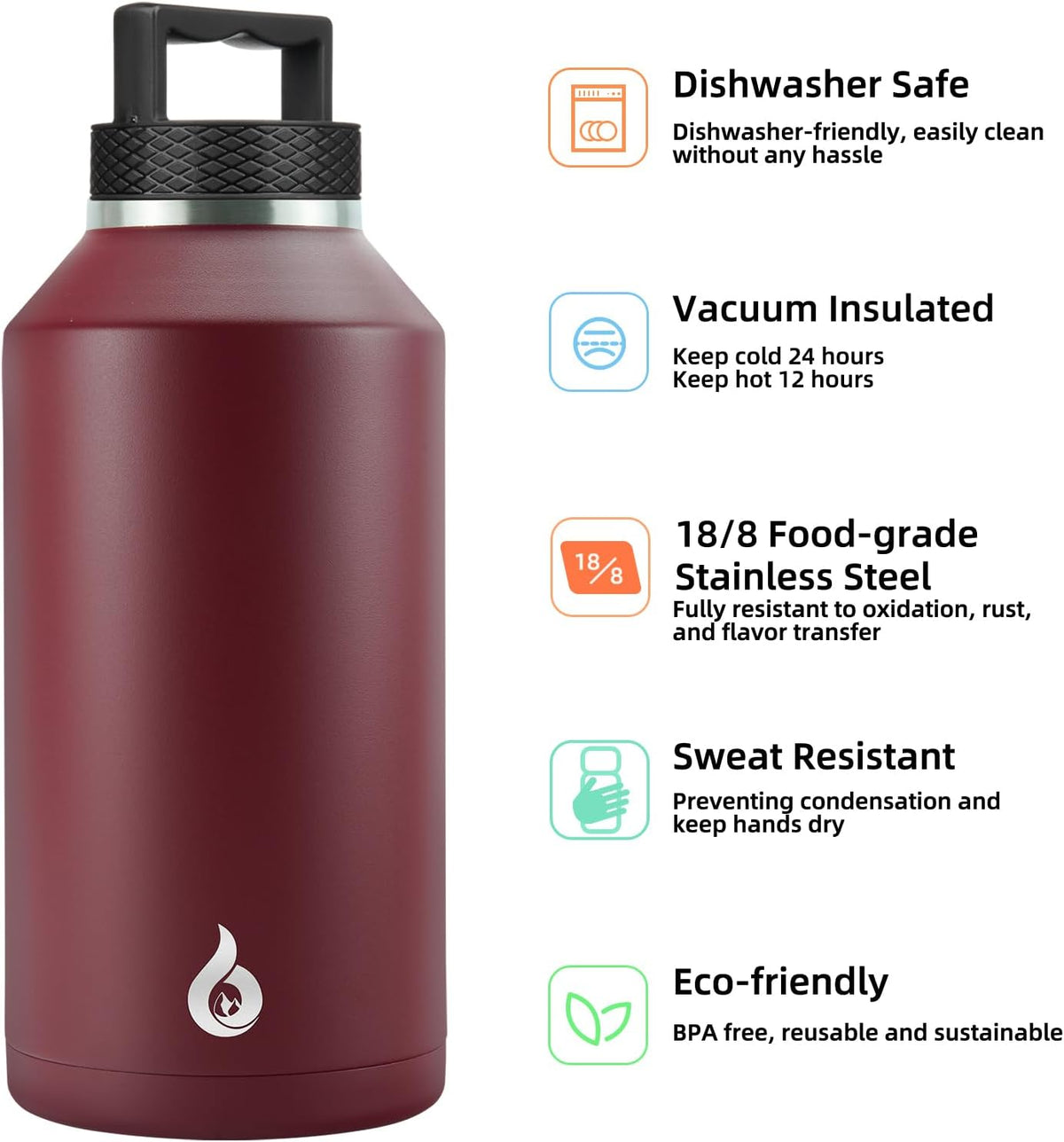 BJPKPK Half Gallon Water Bottle Insulated, Dishwasher Safe 64 oz Water Bottle with Handle, Leakproof BPA Free Water Jug, Large Stainless Steel Water Bottle for Sports, Brick Red