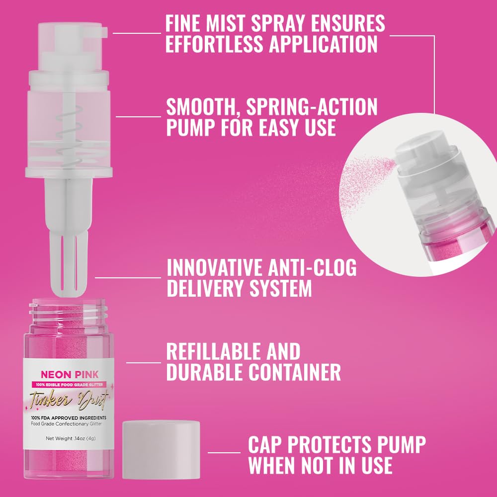 Bakell - Neon Pink Tinker Dust (4g, 1x Mini Spray Pump) Edible Glitter for Food, Desserts, and Beverages!