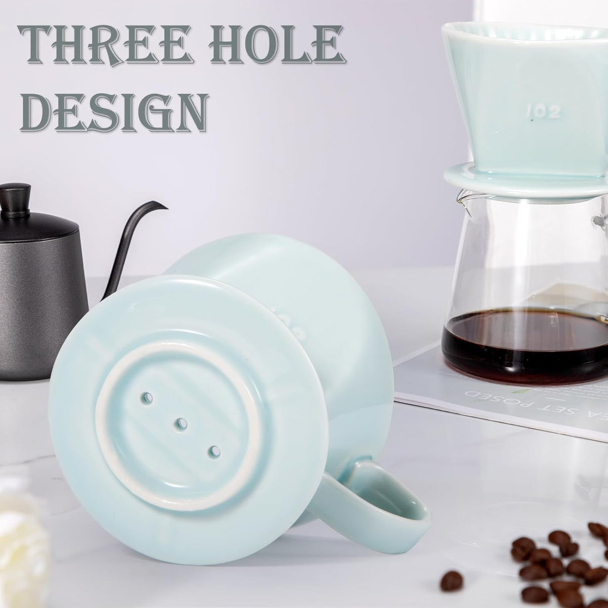 Pour Over Coffee Dripper, Ceramic Pour Over Coffee Maker with 3 Holes Flat Bottom, Easy Manual Brew Maker, Porcelain Slow Filter Cone for Travel, Camping, Office, Home, GR
