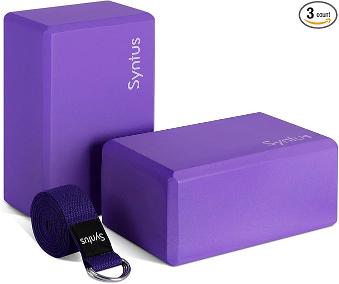 Syntus Yoga Block and Yoga Strap Set, 2 Soft Non-Slip Yoga Blocks 9×6×4 inches, 8FT Metal D-Ring Strap for Yoga, General Fitness, Pilates, Stretching and Toning