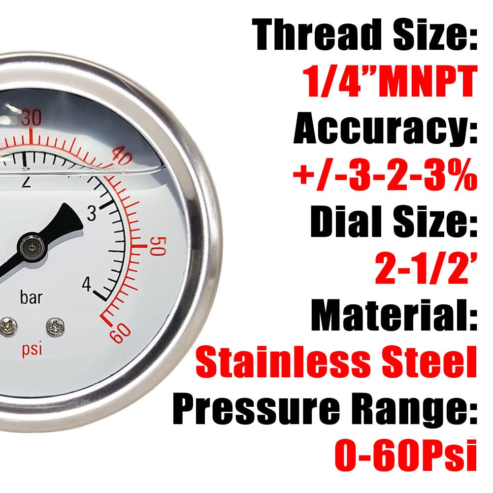 Pressure Gauge 1/4" NPT 0-60Psi Glycerin Filled 2 1/2 inch Dial 304 Stainless Steel Case Center Back Mount