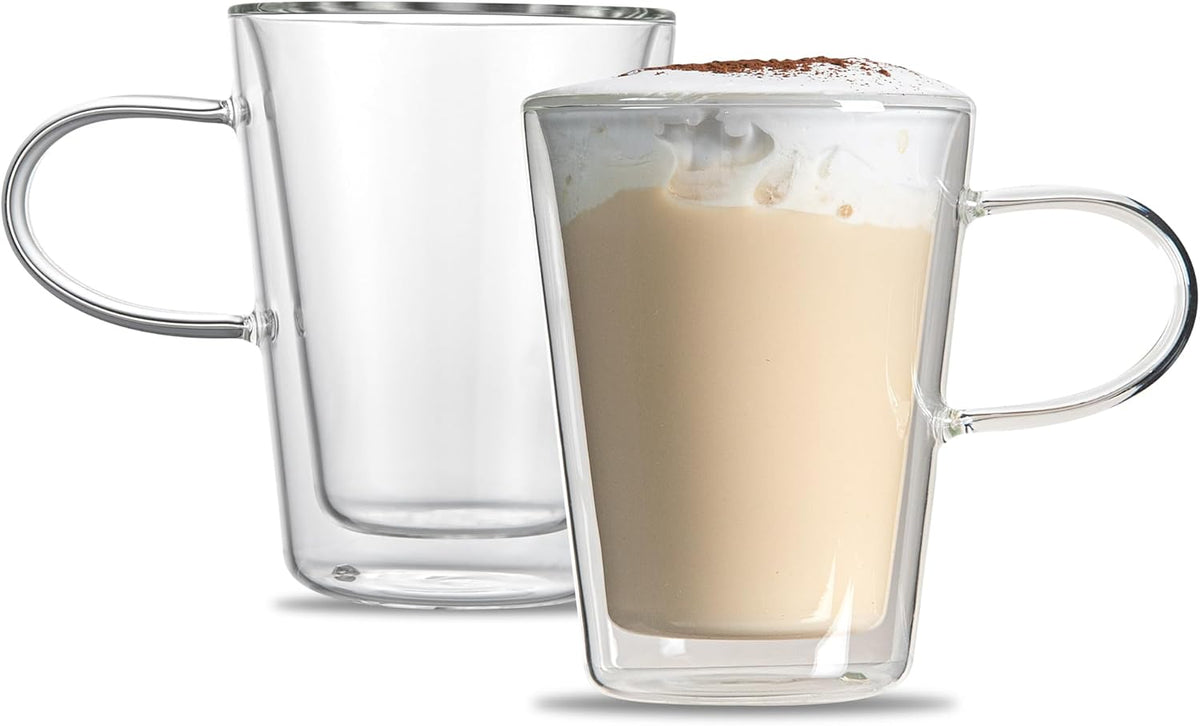 Restaurantware-Forma Professional 5.1 oz Double Wall Glass Mugs, 12 Insulated Coffee Mugs With Handle - Dishwashable, Reusable, Clear Glass Beverage Cups, Freezable, For Hot Or Cold Beverages