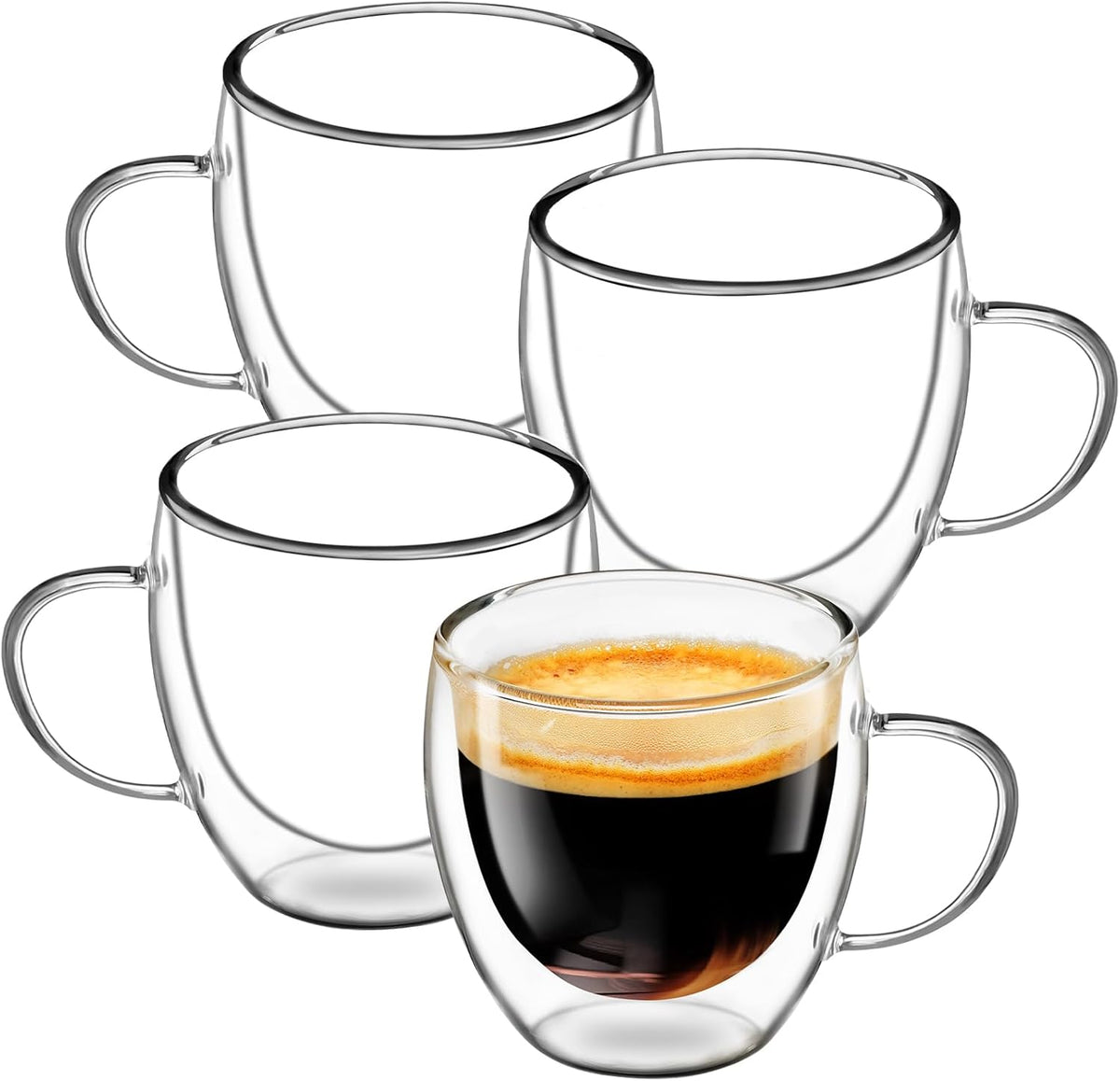 Glass Coffee Cups Set of 4, 8.5oz Double Walled Glass Mugs with Handles, Clear Insulated Coffee Mug Espresso Cups, Cappuccino Latte Tea Cups Set, Heat Resistant Borosilicate Clear Glasses