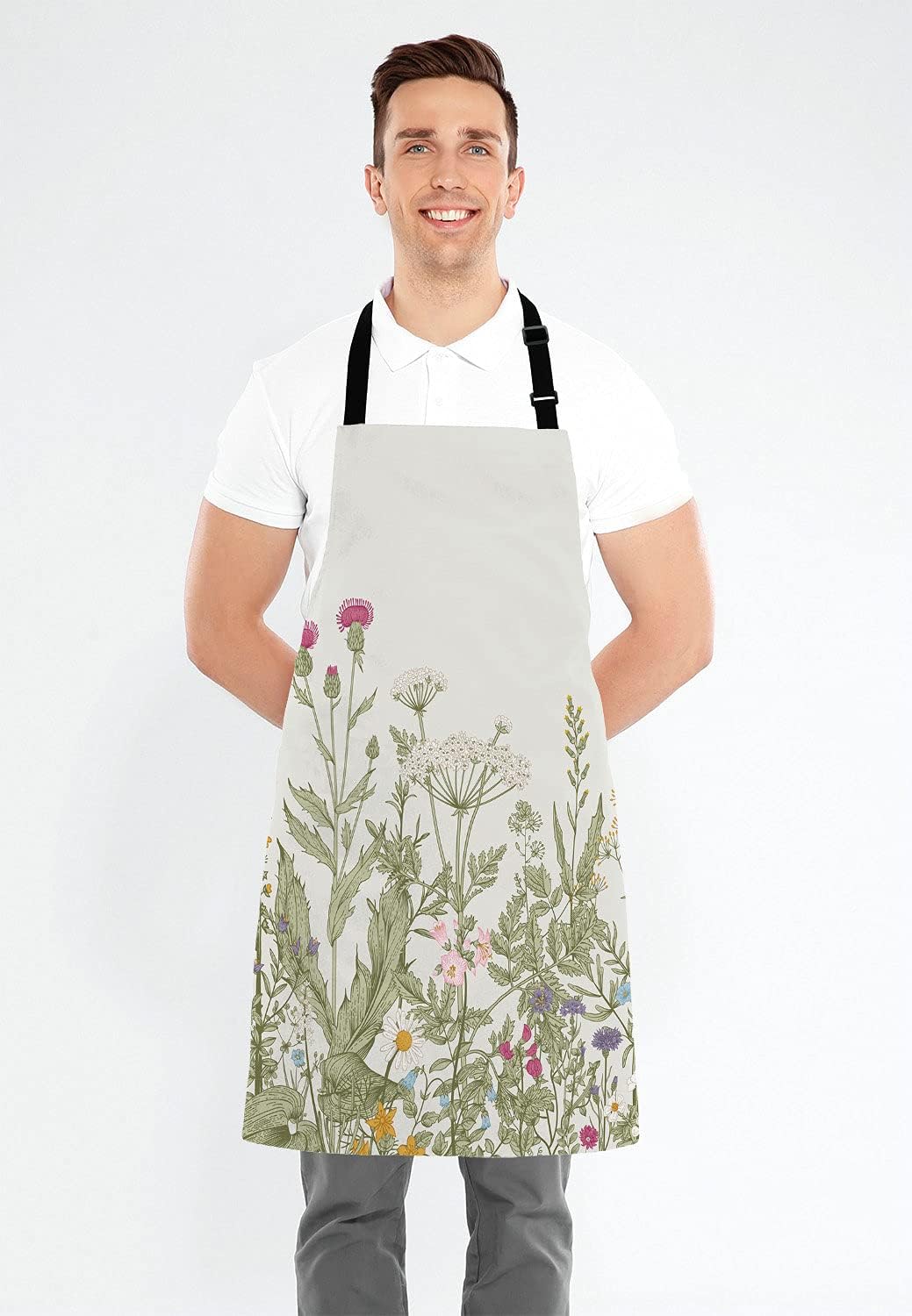 Herbs and Wild Flowers Bib Apron with Adjustable Neck for Men Women,Suitable for Home Kitchen Cooking Waitress Chef Grill Bistro Baking BBQ Cobbler Apron