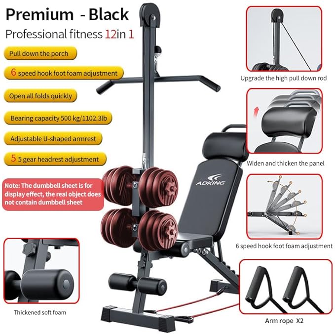 12-in-1 Multi-Functional Home Gym Workout Bench–High/Low Pulley System, Sit-Up Bench, LAT Pull-Down,Leg Developer,Adjustable Strength Training Equipment for Full-Body Fitness