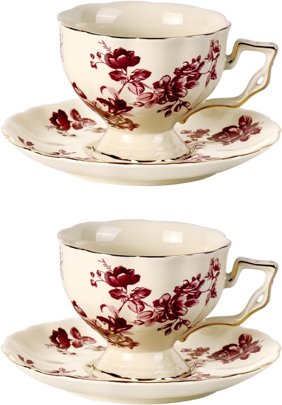 KAMMAK Tea Cups and Saucers Set of 2, Porcelain Coffee Cups, 6.8-Ounce Stackable Espresso Mugs, Ceramic Demitasse for Coffee, Latte, Americano, Tea, Red Orchid
