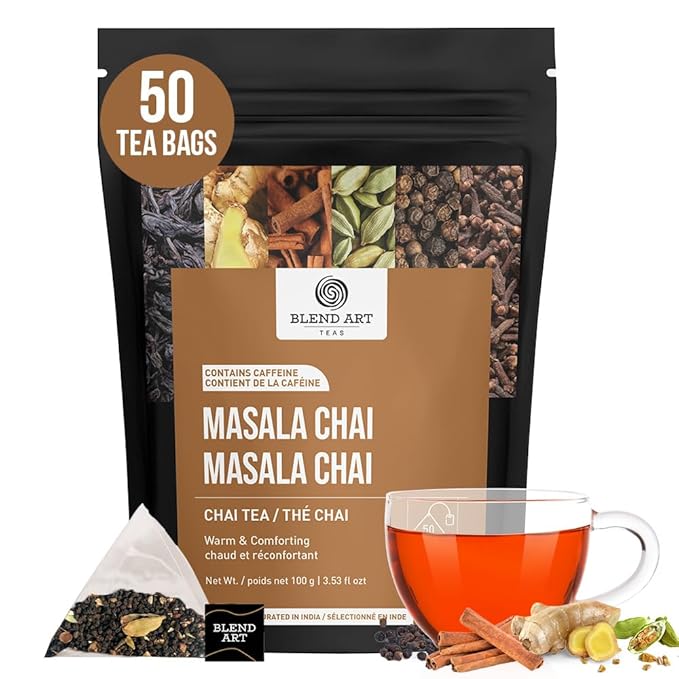 Blendart India's Original Masala Chai Tea bags 50 Count | Eco- Conscious Tea Bags | Premium Assam Black Tea | Ginger and Cardamom Flavour | Whole Loose leaf Tea bags | Indian Spiced Chai Tea Bags
