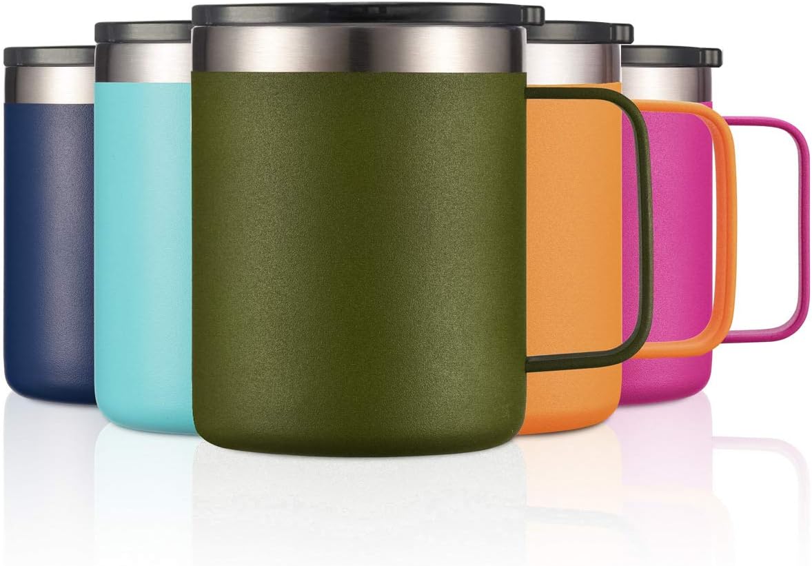 ALOUFEA 12oz Stainless Steel Insulated Coffee Mug with Handle, Double Wall Vacuum Travel Mug, Tumbler Cup with Sliding Lid, Army Green