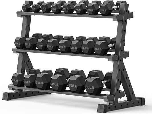 PAPABABE Hex Dumbbell Set with Rack, Rubber Encased Free Weight with Weight Storage Racks, Multiple Weight Options for Home Gym and Fitness