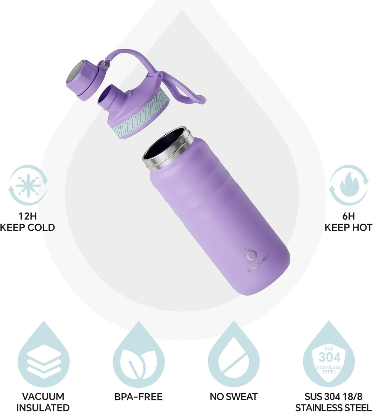IDEUS Insulated Stainless Steel Water Bottle with 2 Leak-Proof Lids, Thermal Water Flask for Hiking Biking, 18oz, Violet