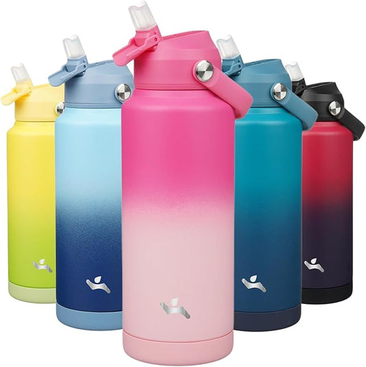 Insulated Water Bottle with Straw Lid,32 oz Stainless Steel Vacuum Metal Bottle with Silicone Handle,Cherry Blossom