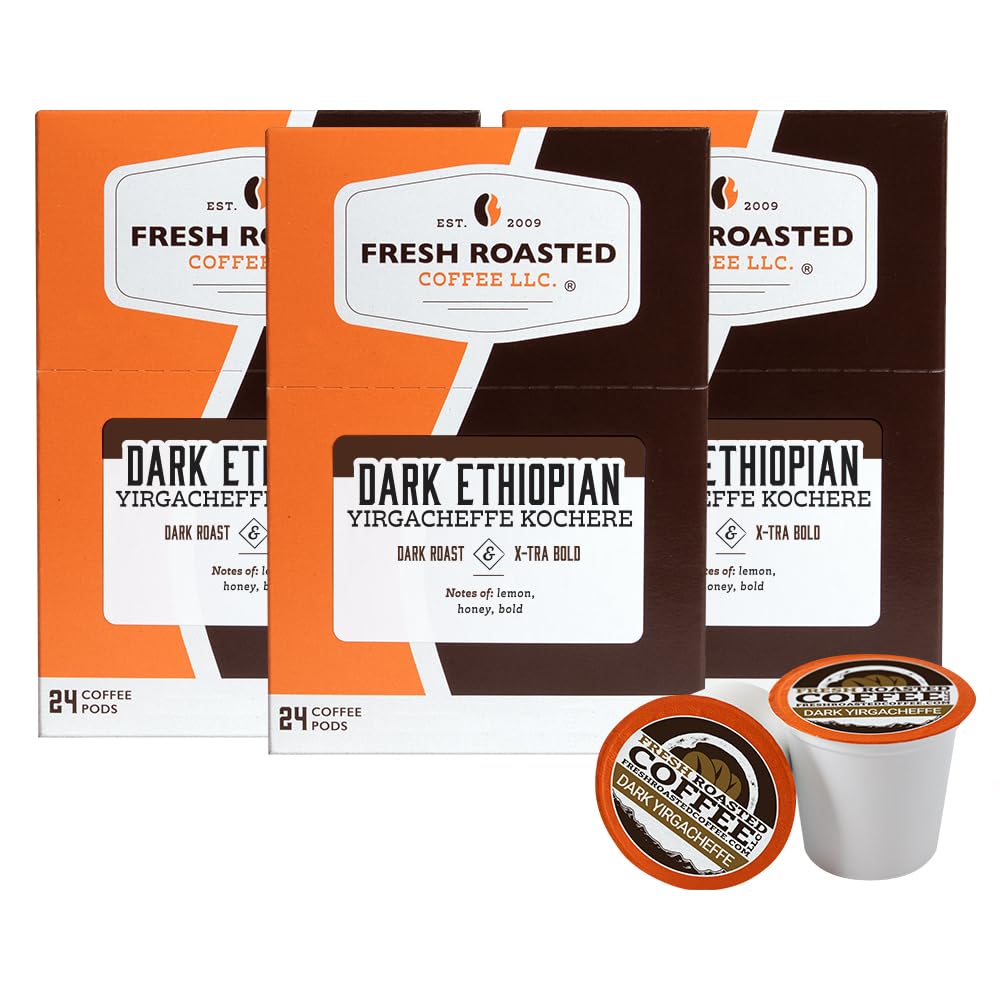 Fresh Roasted Coffee, Dark Ethiopian Yirgacheffe Kochere, Dark Roast, 72 Pods for K Cup Brewers