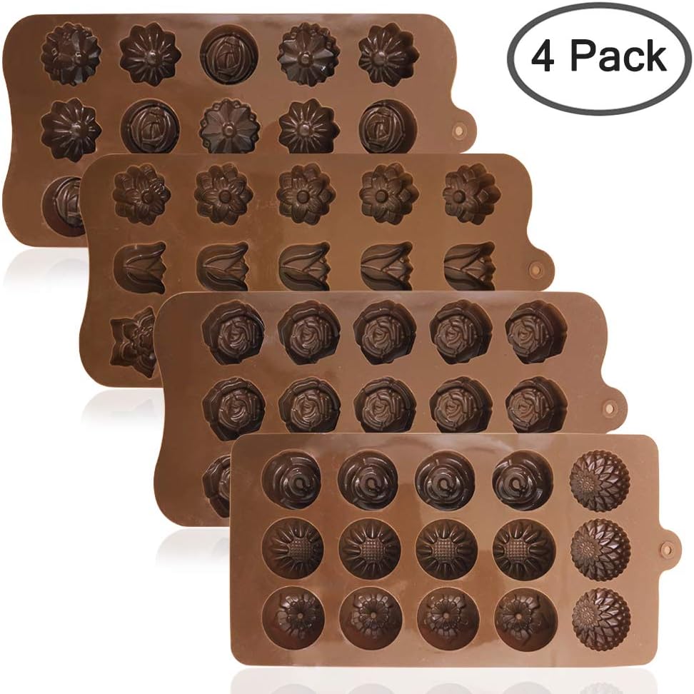 4 Pack Flower Shape Silicone Molds Chocolate Candy Mold, DanziX Silicone Mold for Wedding,Festival, Parties, DIY Enthusiasts-15 Cavity