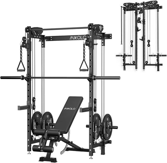 Mikolo Folding Squat Rack, Wall Mounted Power Rack with Cable Crossover Machine & LAT Pull Down, Functional Trainer with 5 Adjustable Function Modes, for Home Gym and Space Saving