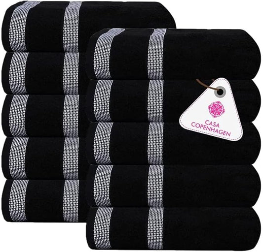 CASA COPENHAGEN, Solitaire 10 Pieces Hand Towel Set- Jet Black, 600 GSM, 16x28 Inches, Designed in Denmark Super Soft Egyptian Cotton Towels for Bathroom & Kitchen