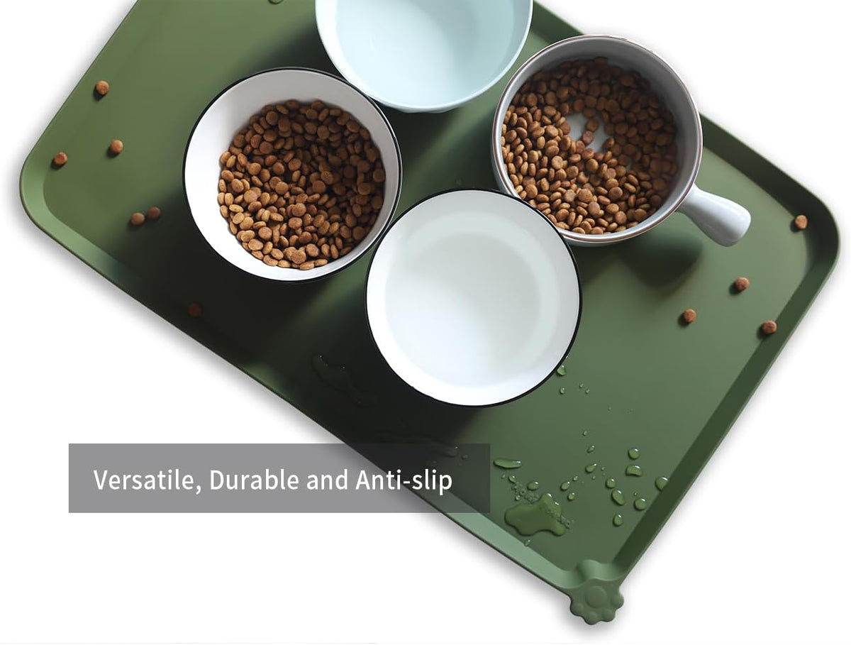 Hoki Found L Silicone Non Slip Pet Dog Cat Bowl Mats - Waterproof Dog Cat Food Mats - Dark Olive