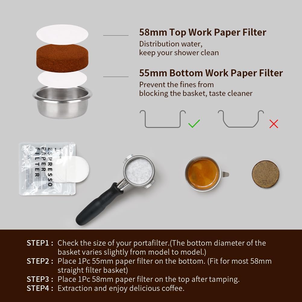 watchget 55mm Espresso Paper Filters - 100 Pcs Unbleached Coffee Filter Papers, Compatible with 58mm Bottom Portafilter Baskets and Espresso Machine Handles