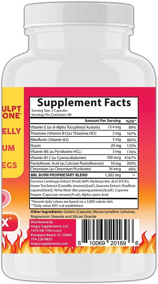 Better Booty BBL Burn Thermogenic Complex Capsules, Tone & Sculpt Belly, Bum + Legs w. Garcinia Cambogia, Guarana, Green Tea Ext, ALA, & Cayenne Pepper Supplement (120ct, 60 Servings)