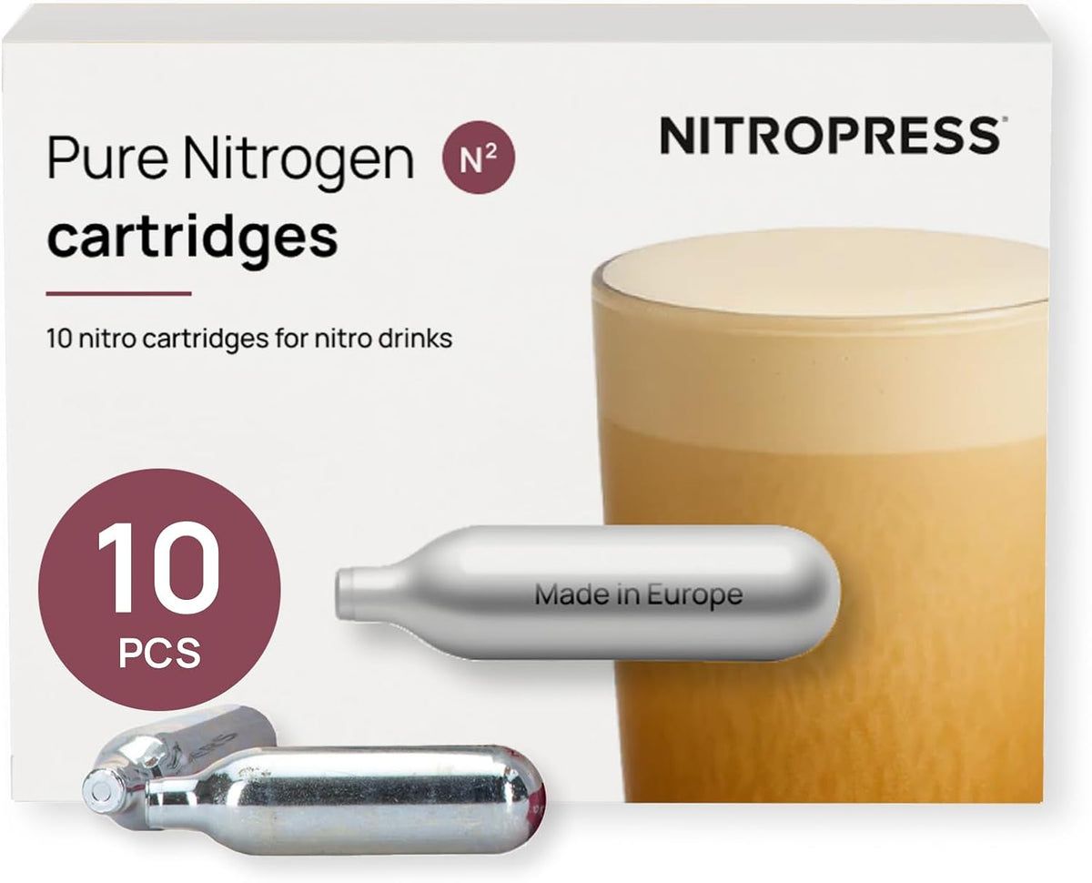 10 PCS NitroPress Nitrogen Coffee Chargers – Pure N2 Cartridges for Nitro Cold Brew Coffee Maker, Cocktails, Tea, and Beer – Use with NitroPress Instant Nitrogen Diffuser System