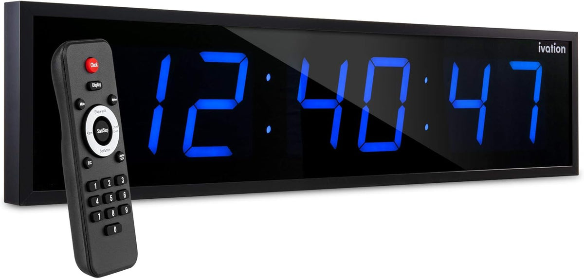 Ivation Oversized 24" Large Digital LED Clock | Big Digital Clock w/Multi-Function Display – Stopwatch, Timer, Alarms, Temp & Date | 6 Brightness Levels, Time Memory & Remote (Blue)