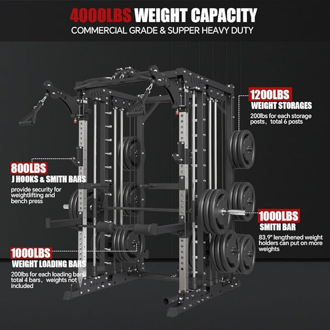 Commercial Smith Machine with Smith Bar, 4000LBS Power Cage Squat Rack with Lever Arm, Leg Press, LAT Pull Down System, Multi-Function Linear Bearing Cable Crossover Machine for Home Gym