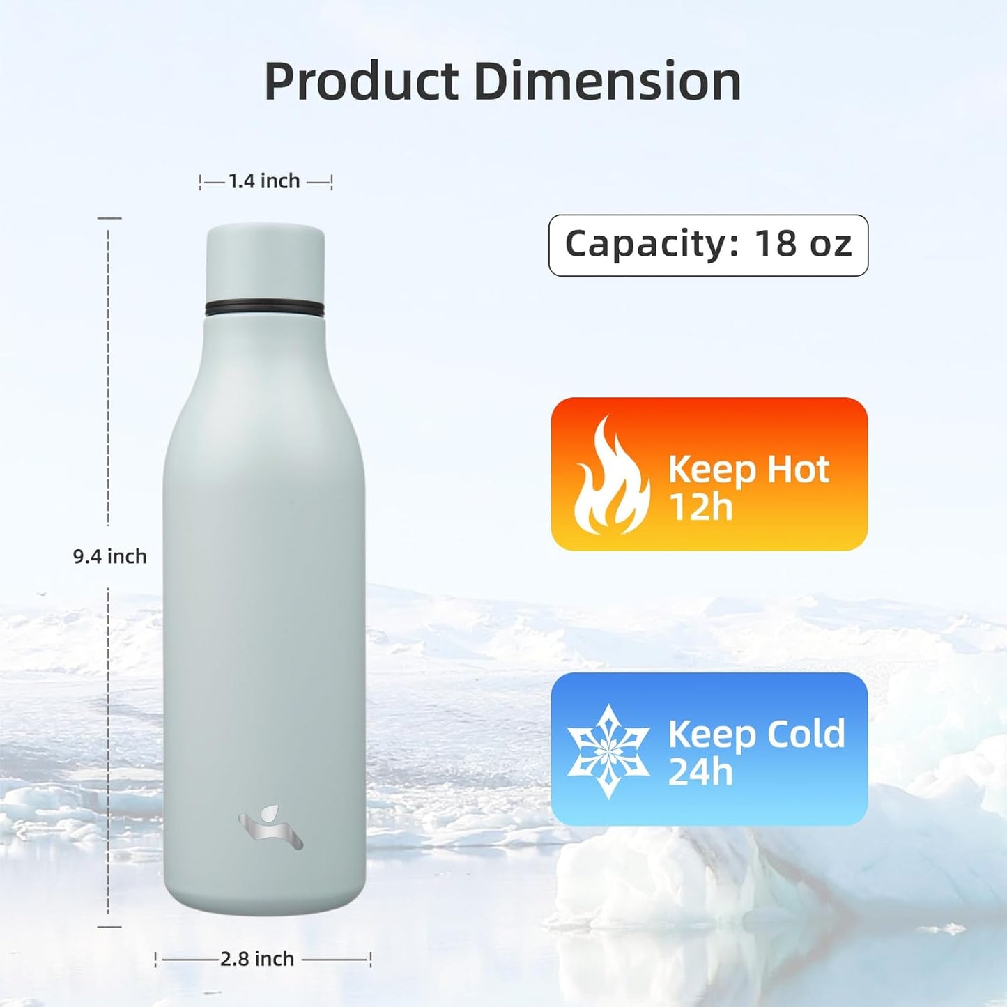 Insulated Water Bottle with Strap,18 oz Double Wall Stainless Steel Vacuum Bottles Metal Water Flask,Foggy Blue