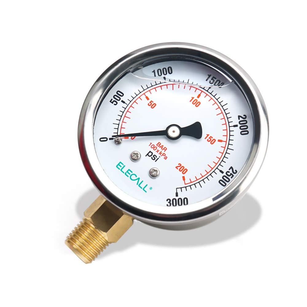 ELECALL 2-1/2” Glycerin Liquid Filled Air Pressure Gauge, 0-3000Psi, 1/4”NPT Lower Mount, Stainless Steel Case, Brass Internals, Water Pressure Gauge