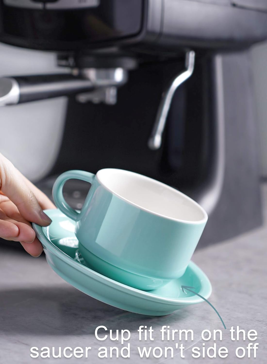 Sweese 8 Ounce Porcelain Stackable Cappuccino Cups with Saucers and Metal Stand - for Specialty Coffee Drinks, Cappuccino, Latte, Americano and Tea - Set of 4, Turquoise