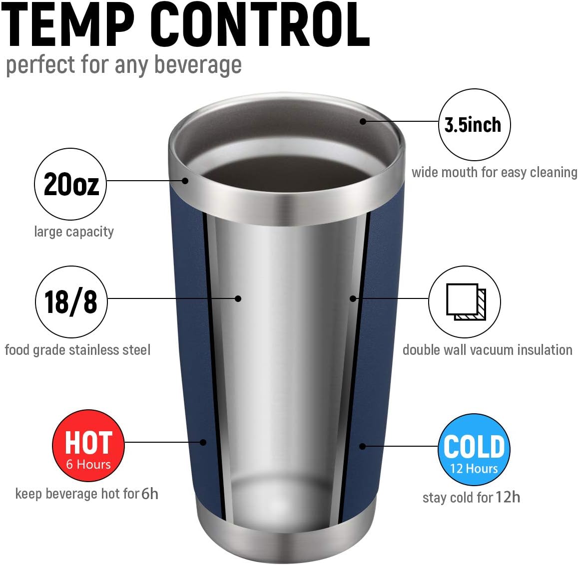 COMOOO 20oz Stainless Steel Tumbler Bulk with Lid and Straw Insulated Coffee Tumbler Cup Double Wall Vacuum Travel Mug for Cold Drinks and Hot Beverage (Navy,6 Pack)