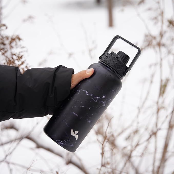 18 oz Insulated Water Bottle Stainless Steel Sport Bottles with 3 Lids,Marble Midnight