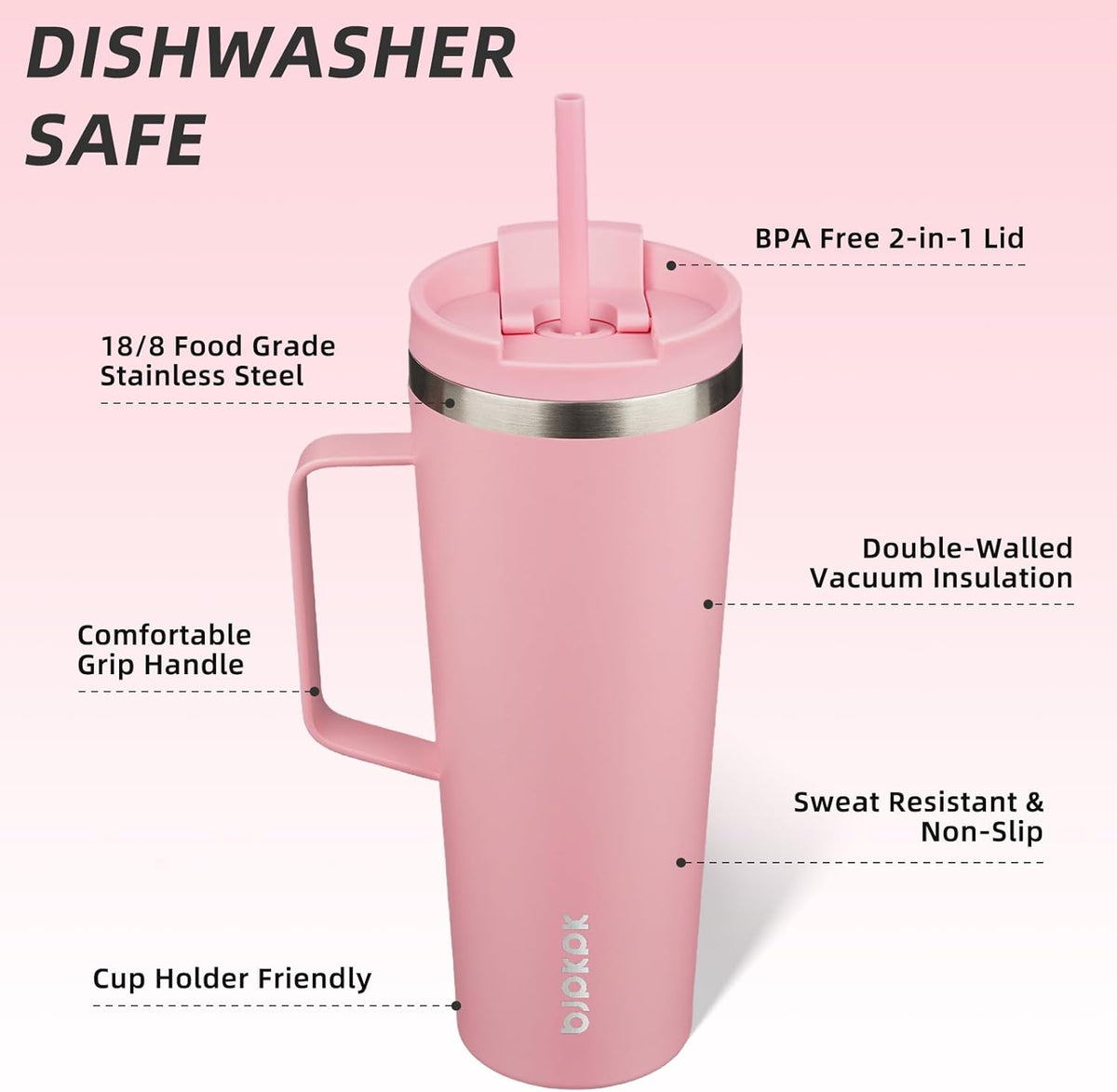 BJPKPK Insulated Tumbler with Handle, 26oz Insulated Tumblers with Lid and Straw, Stainless Steel Metal Water Bottles, Coffee Travel Mugs, Cups, Light Pink
