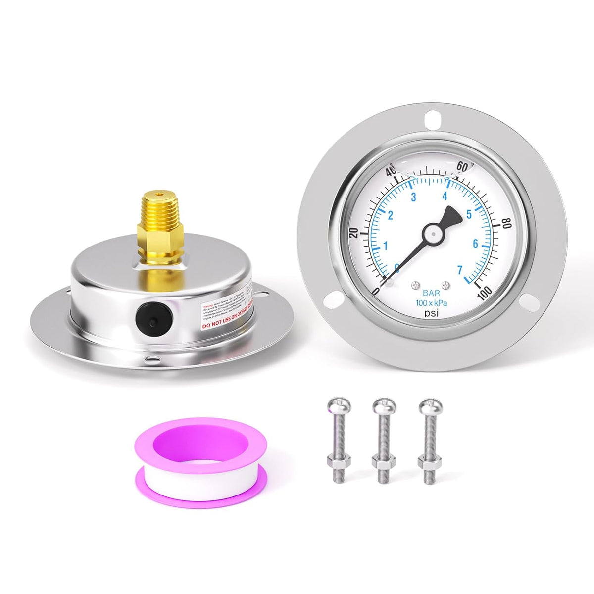 0-100PSI Panel Mount Front Flanged Glycerin Filled Pressure Gauge, 2.5" Dial Size, 1/4" MNPT Back Mount, Stainless Steel Case, with Phillips Screw and Nut, for Water, Gas, Liquid Pressure