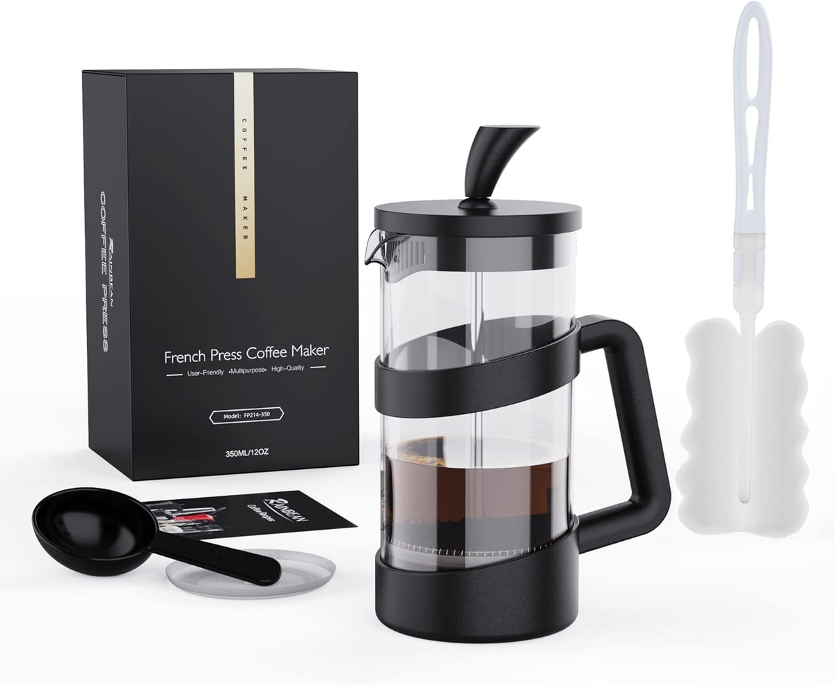 RAINBEAN Mini French Press Coffee Maker, 12 oz, Camping Coffee Press Pot, Small French Press, Tea and Frothed Milk Press (Black, 12 oz)