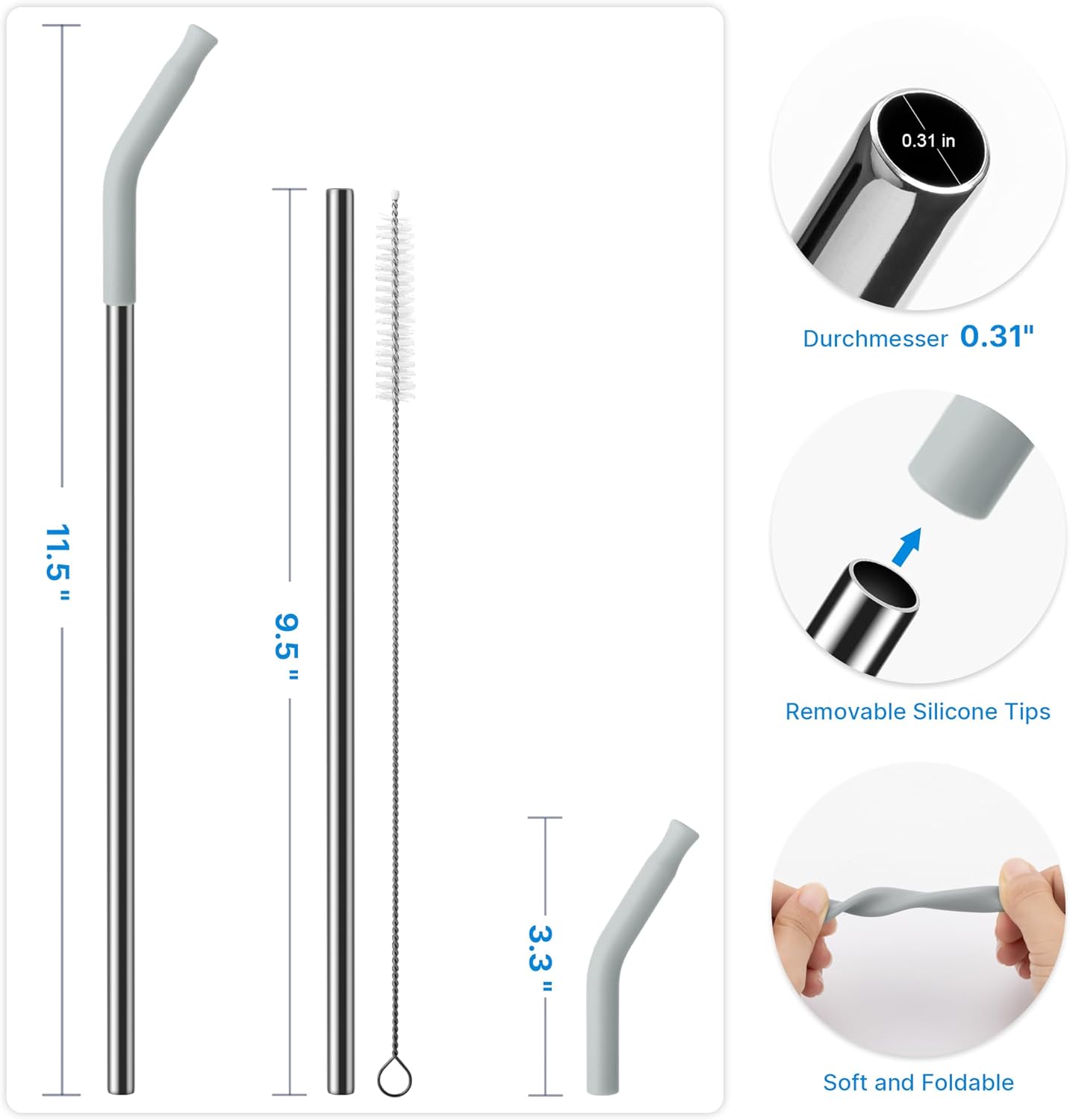 Metal Straw with Silicone Tip for 30oz Stanley Cup, 2 Pcs Stainless Steel Straws Replacement for Stanley 30 oz Adventure Quencher Travel Tumbler Cup, 1 Straw Brush (Light Gray)