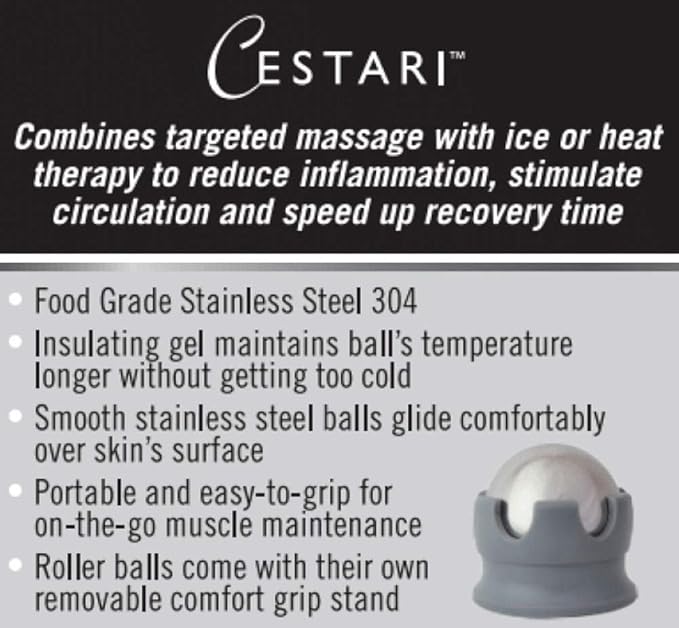 Cestari Stainless Steel Ice Hot Cold Roller for Pain Relief, Foot Massage Ball with Silicone Holder, HSA Muscle Roller, Gray