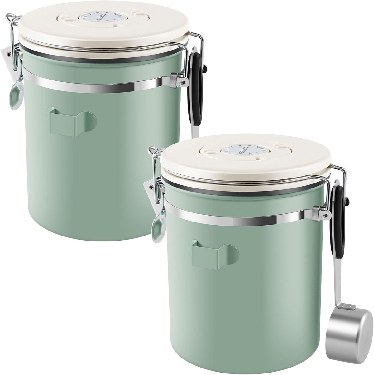 2Pcs Coffee Storage Canister 1.5L Double Airtight Coffee Beans Container with Date Locator 304 Stainless Steel Kitchen Food Storage Container with Spoon for Coffee Beans Grounds Tea,Green Sugar,Green