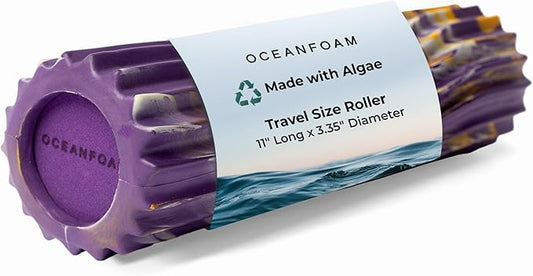 Oceanfoam Ripple Travel Foam Roller (11" x 3.35") Firm Mini Foam Roller for Physical Therapy, Deep Tissue Massage, Back Pain - High Density, Wave Textured - Yoga (Purple, Gold & Natural Marbled)