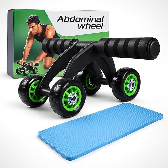 4-Wheel Ab Roller with Knee Pad – Abdominal Exercise Wheel for Core Strength Training, Stable Ab Workout Equipment for Men & Women, Non-Slip Handles, Smooth Bearings, Portable Home Gym Fitness Tool