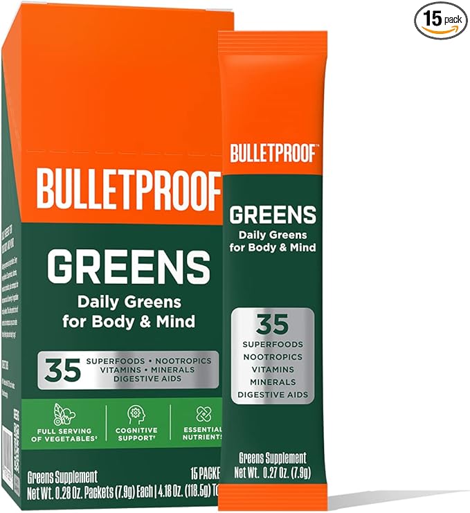 Bulletproof Greens Packets, 15 Count, Daily Greens Powder with Superfoods and Nootropics, Full Serving of Vegetables, Essential Nutrients