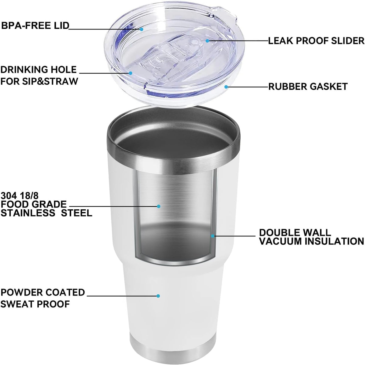 DOMICARE 30 oz Tumbler with Lid and Straw, Stainless Steel Tumblers Bulk, Insulated Vacuum Double Wall Travel Coffee Mug, Durable Powder Coated Tumbler Cups (White, 8)
