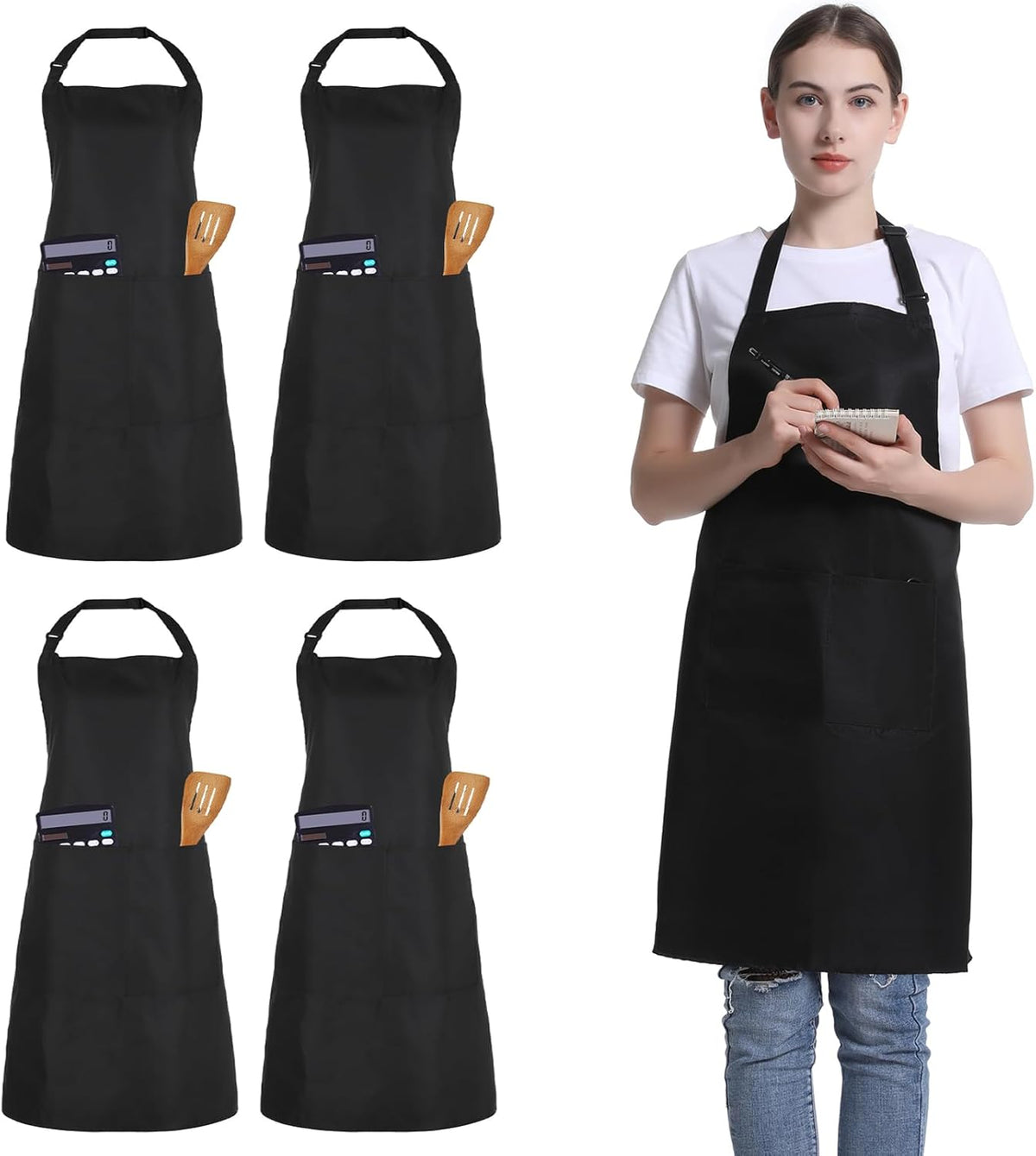 4 Pack Chef Apron, Adjustable Apron with 2 Pockets, Unisex Personalised Apron for Cooking, Kitchen, Restaurant