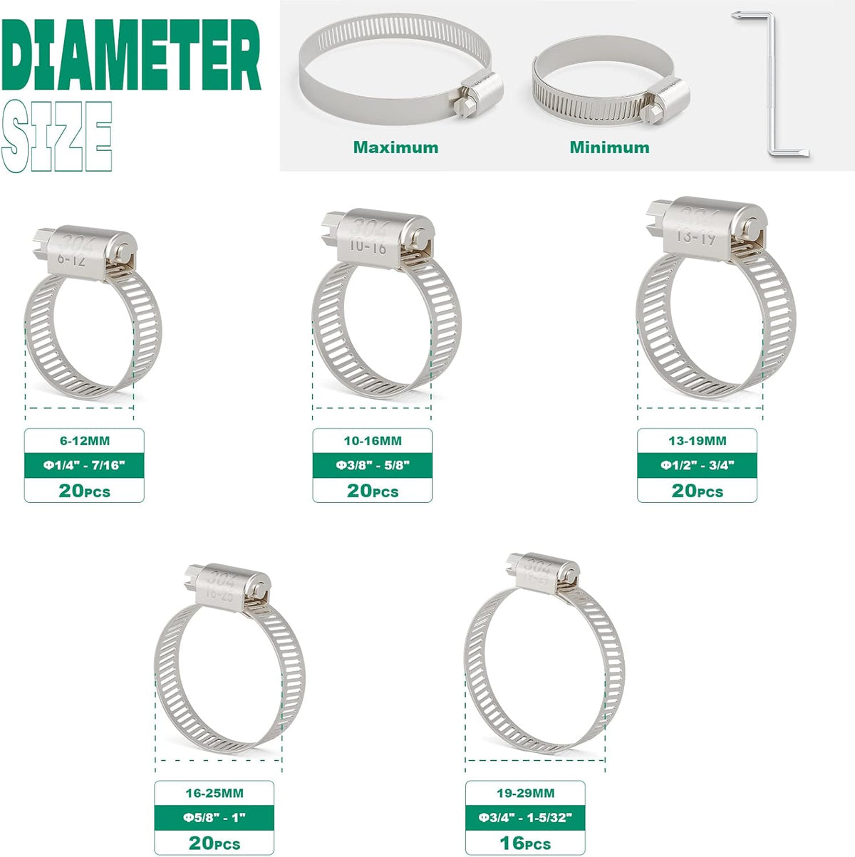 96PCS Hose Clamps Stainless Steel Assortment Adjustable 1/4"-1-5/32"(6-29mm) Worm Gear Hose Clamp, Heavy Duty Metal Small Hose Clamps for Automotive, Pipe, Radiator Plumbing, Fuel Line