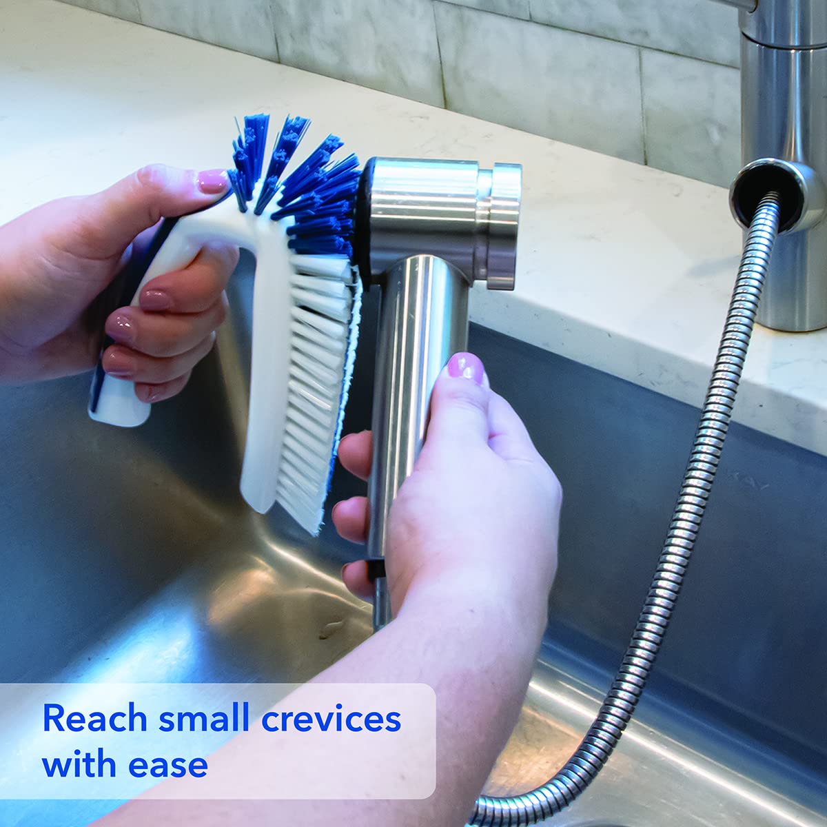 Unger Multi-Purpose Counter and Fixture Scrub Brush, Non-Slip Small Household Cleaning Supplies, Removes Dirt and Grime from Bathroom Sinks, Kitchen Countertops, and Faucets