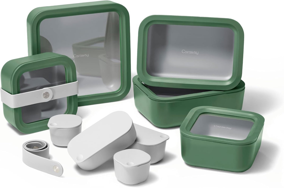 Caraway 14pc Glass Food Storage Container Set - Easy to Store, Non Toxic Lunch Box - with Glass Lids - Includes Storage Organizer & Dot & Dash Inserts - Sage
