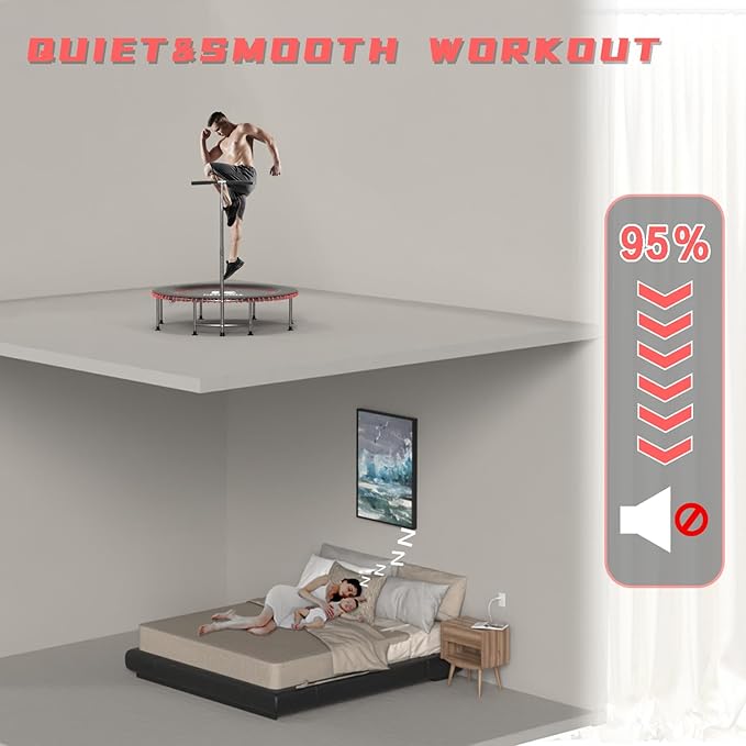 40/48" Low-Impact Rebounder Trampoline for Adults with Bungee, 450/550LBS Quiet Mini Exercise Trampoline with Adjustable U/T-Shaped Foam Handle Bar, Fitness Equipment for Indoor/Gym Workout