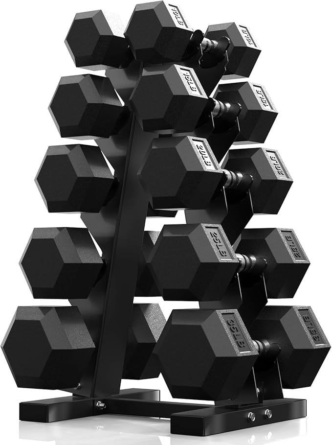 PAPABABE Hex Dumbbell Sets with Rack, 60-550lb Rubber Coated Dumbbell Weight Set and Storage Rack, Multiple Options Hand Weights for Strength Training
