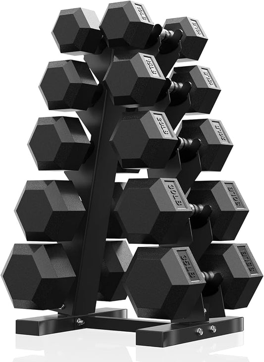 PAPABABE Hex Dumbbell Sets with Rack, 60-550lb Rubber Coated Dumbbell Weight Set and Storage Rack, Multiple Options Hand Weights for Strength Training