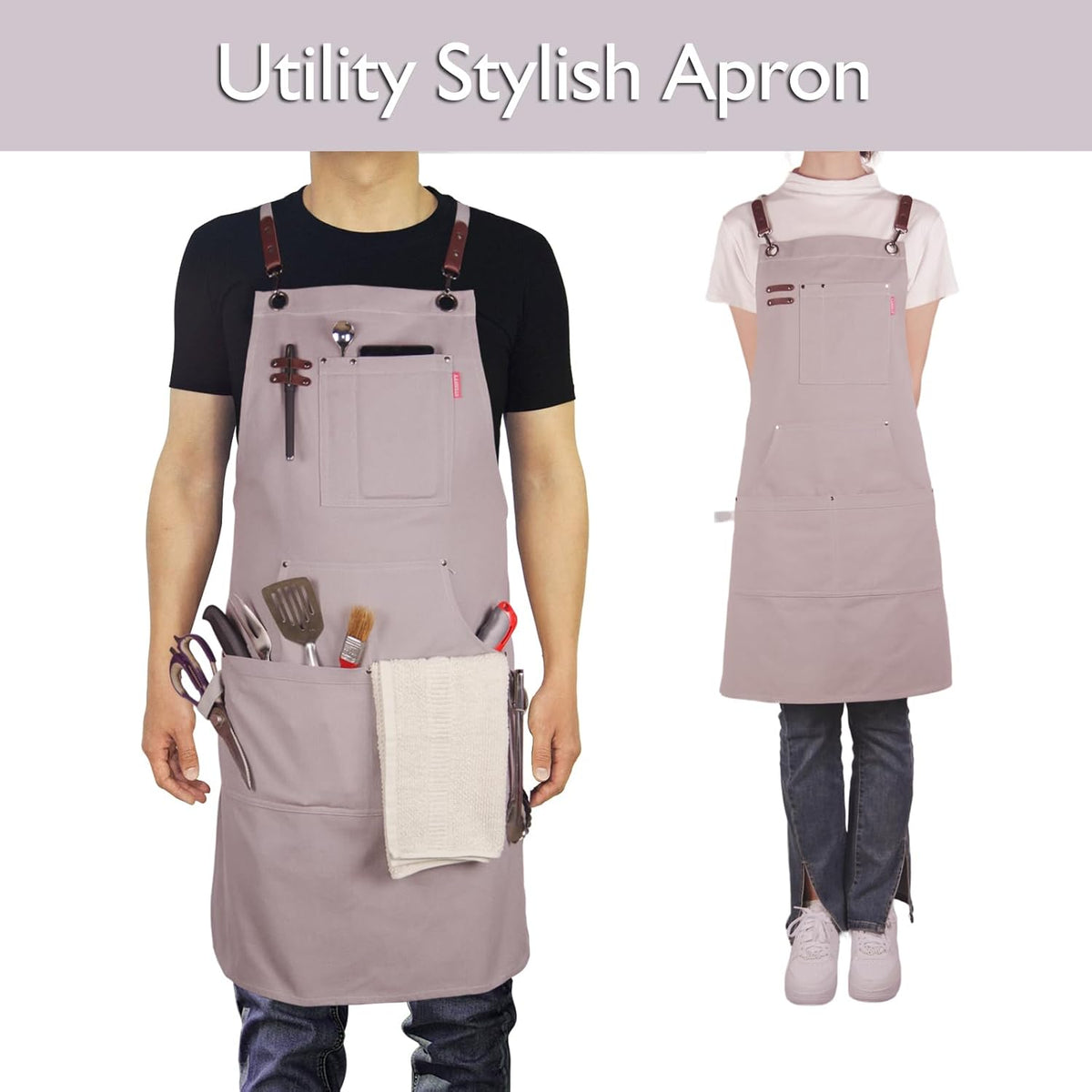 10 Pack Kitchen Aprons, Work Apron, Canvas, Multiple Pockets, Gardening, Painting, BBQ, Artist, Carpenter, Sizes M to XXL, Grey