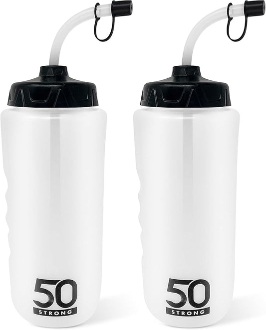 50 Strong 1 Liter Water Bottle with Straw – 2-Pack Easy-Squeeze Sports Bottles with Long Straw & Built-In Finger Grip – BPA-Free – Made in USA – Ideal for Hockey, Football, Lacrosse & Boxing